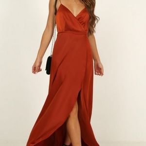 Showpo Mine Would be You Satin Wrap Dress Copper US4